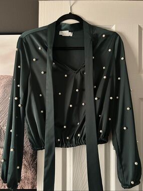 Pearl-Embellished Dark Green V-Neck Tie-Front Women's Top